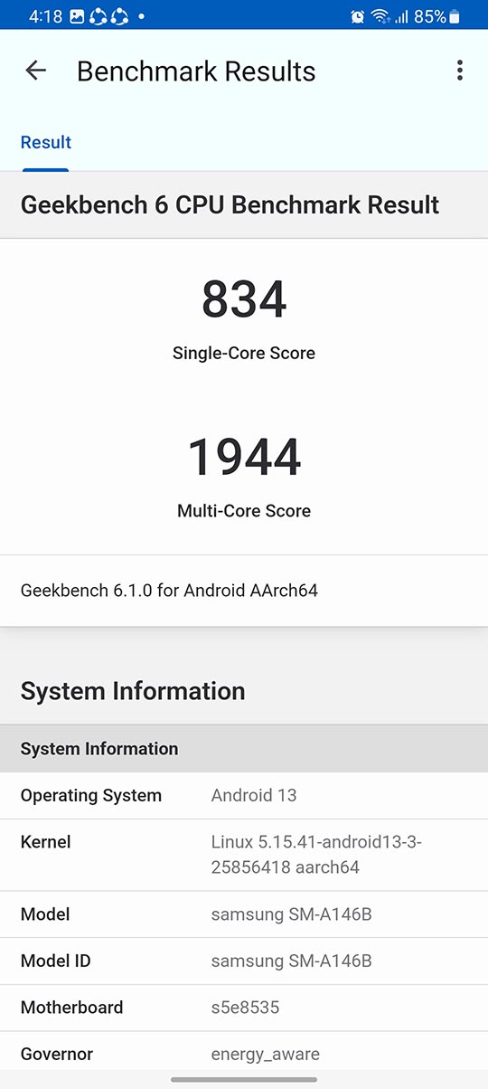 geekbench 6 score of the Samsung Galaxy A14 5G smartphone
